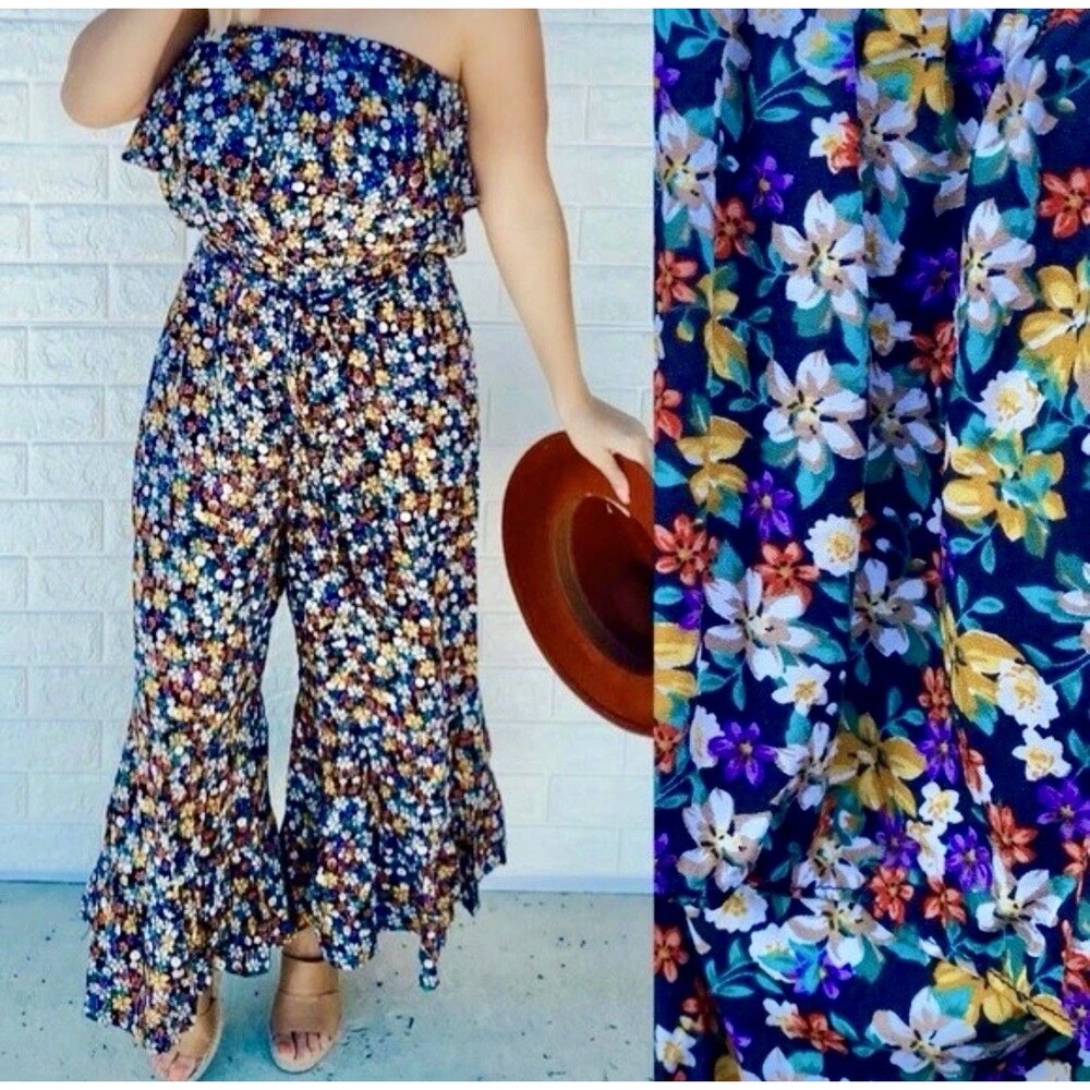 Umgee Floral Strapless Boho Cropped Slip On Ruffle Jumpsuit Size Large NWT